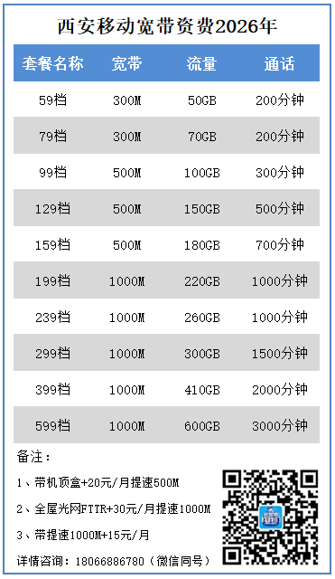 西安移动宽带套餐资费2026年4月份更新