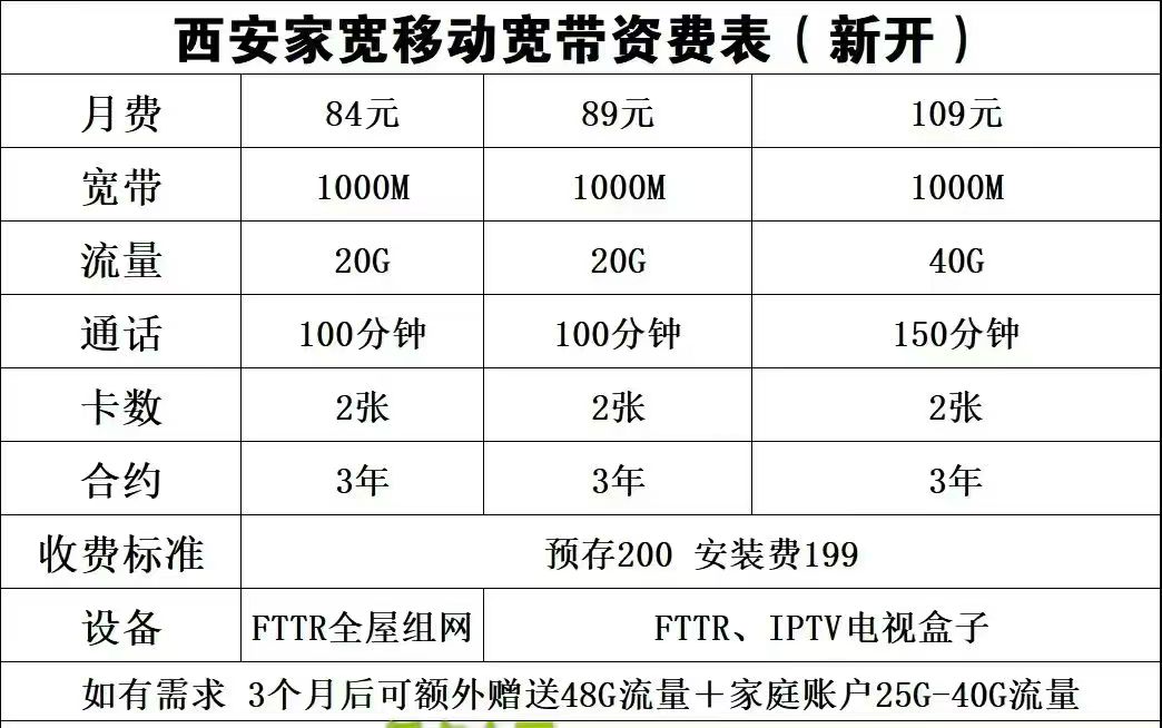 西安移动宽带套餐2026年9月份更新